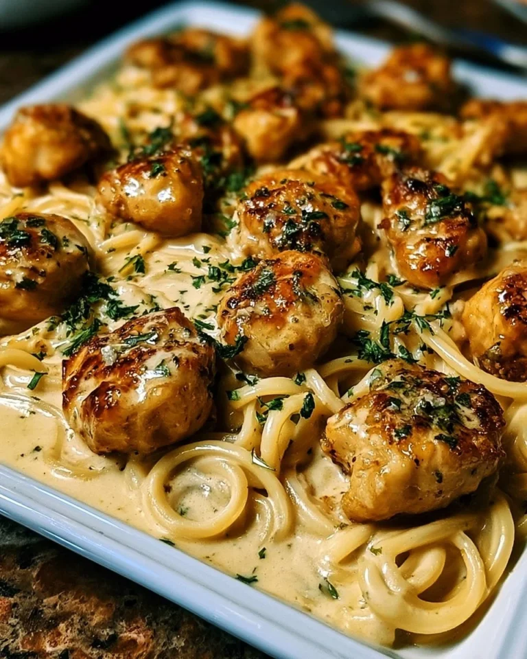 Delicious Garlic Butter Chicken Bites with creamy pasta served on a plate