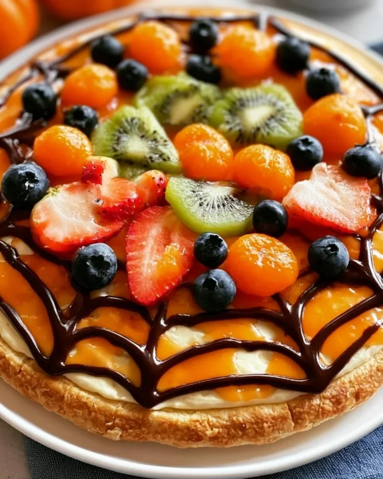 Halloween Fruit Pizza decorated with spooky fruit toppings for a festive treat.