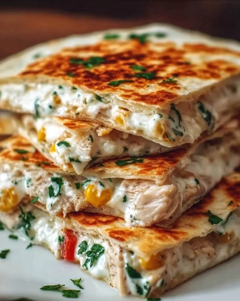 High-protein chicken ranch quesadillas ready to serve with a side of dipping sauce.
