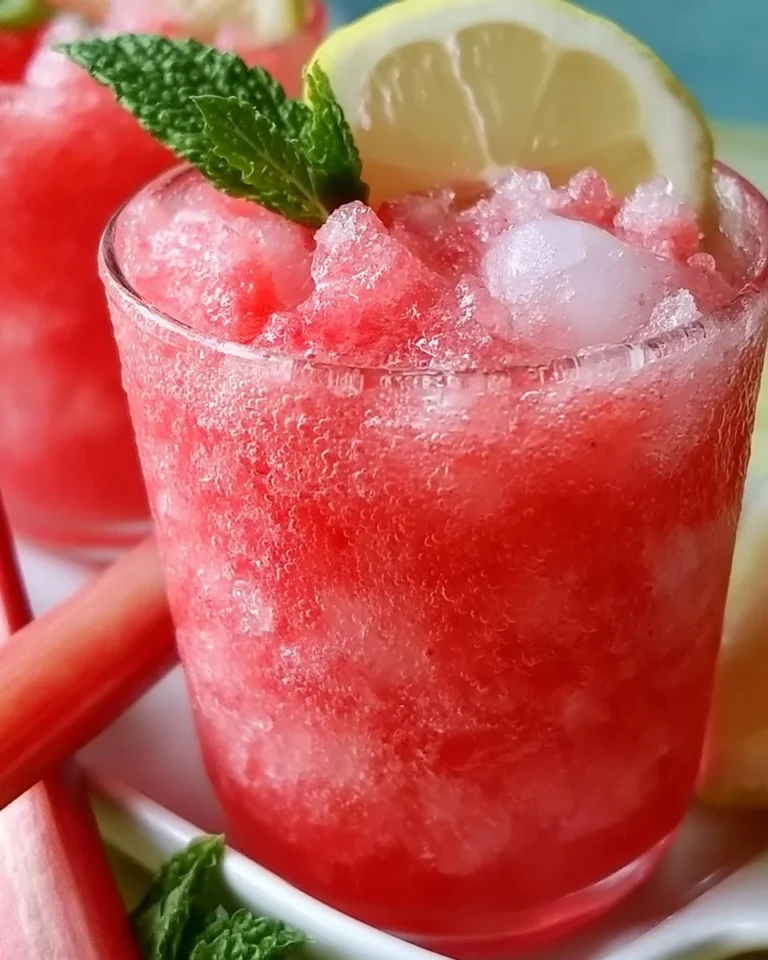 Refreshing homemade rhubarb slush served in a glass with ice