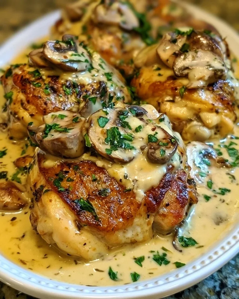 Creamy garlic mushroom chicken thighs served on a plate with herbs
