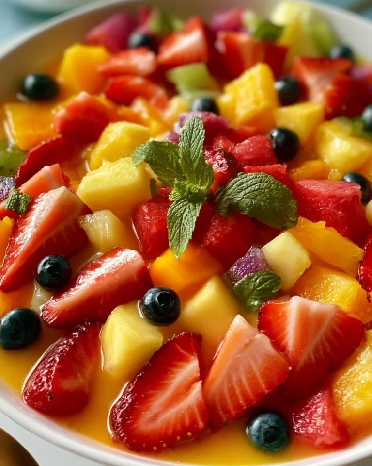 Colorful juicy fruit salad with orange juice dressing