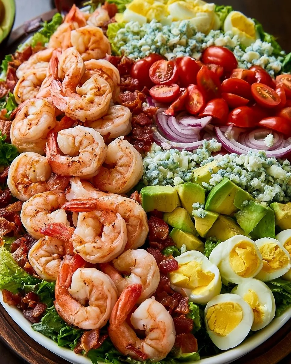 Loaded Shrimp Cobb Salad with fresh ingredients and vibrant colors