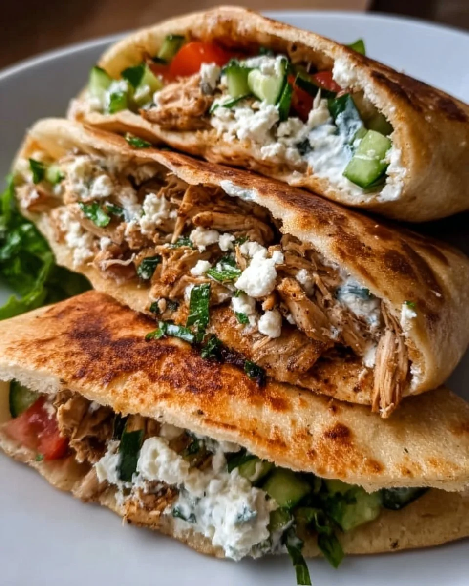 Delicious Mediterranean chicken pita wraps filled with fresh vegetables and sauces.