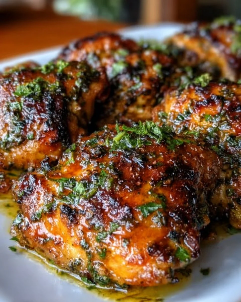 Plate of delicious Mojo Chicken Thighs garnished with herbs