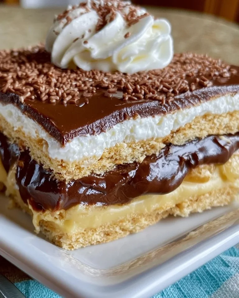 No-Bake Chocolate Eclair Cake topped with rich chocolate icing