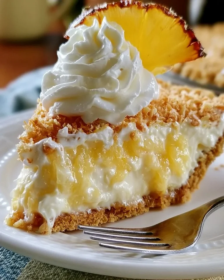 Delicious No-Bake Pineapple Cheesecake Pie topped with fresh pineapple slices.