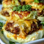 Oven-baked cabbage burgers served on a plate with toppings and side salad.