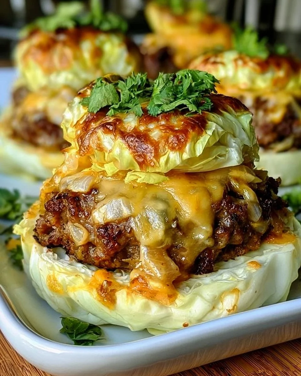 Oven-baked cabbage burgers served on a plate with toppings and side salad.