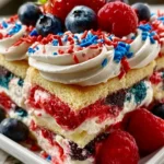 Patriotic ice cream sandwich cake decorated with red, white, and blue toppings.