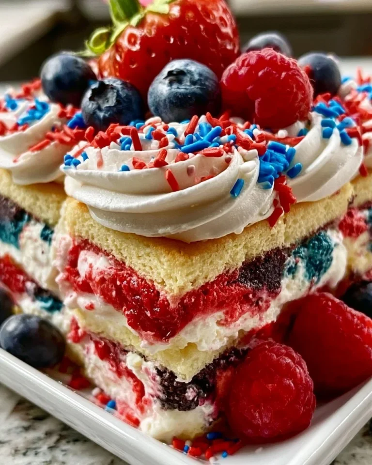Patriotic ice cream sandwich cake decorated with red, white, and blue toppings.