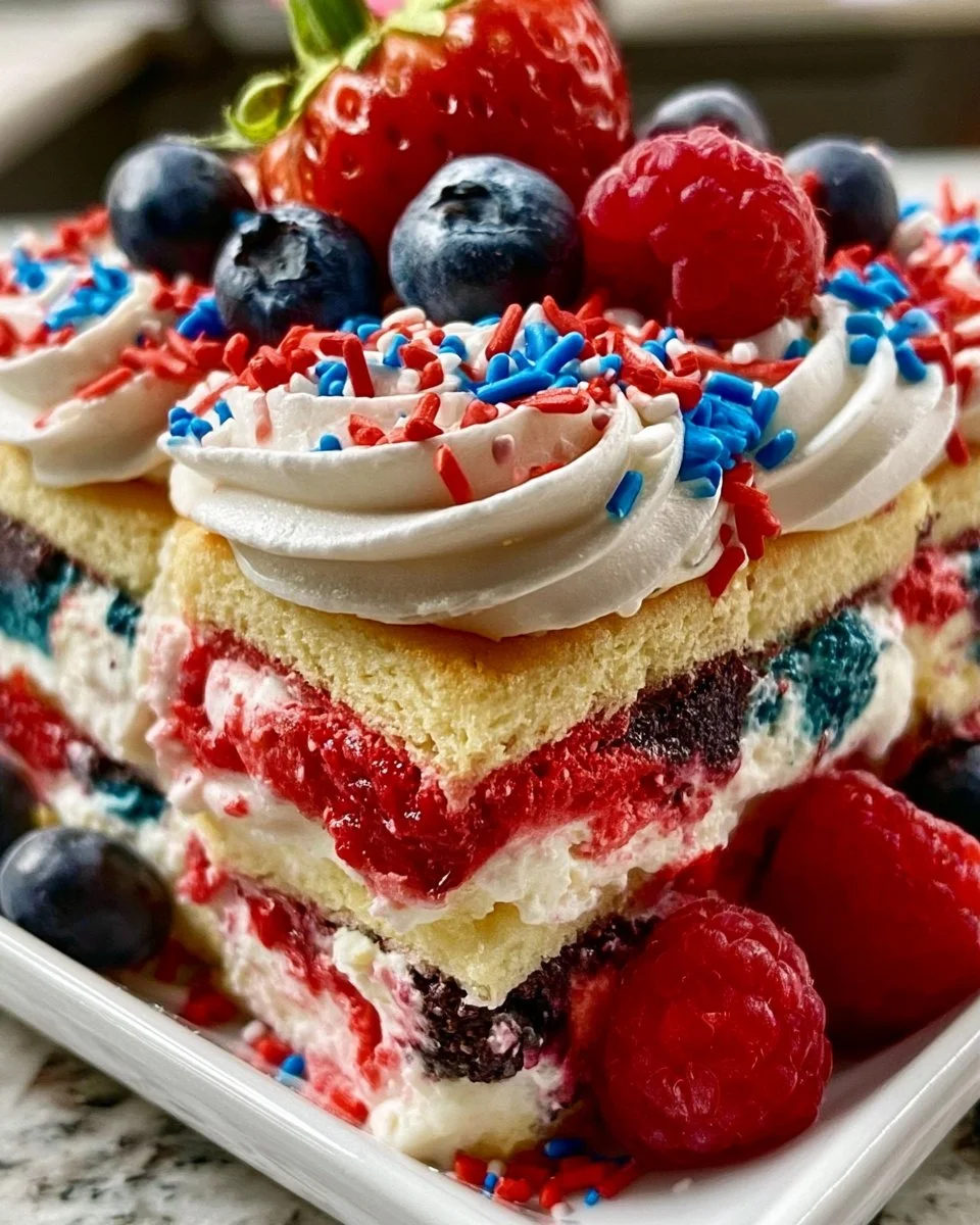Patriotic ice cream sandwich cake decorated with red, white, and blue toppings.