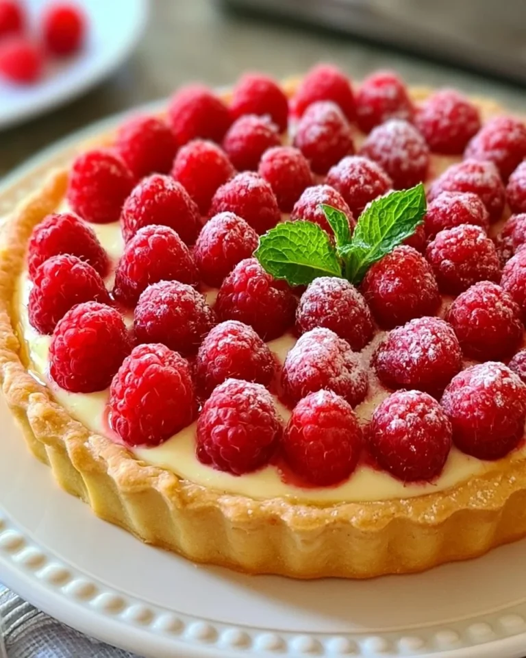 A delicious raspberry tart with fresh raspberries on top, served on a wooden table.