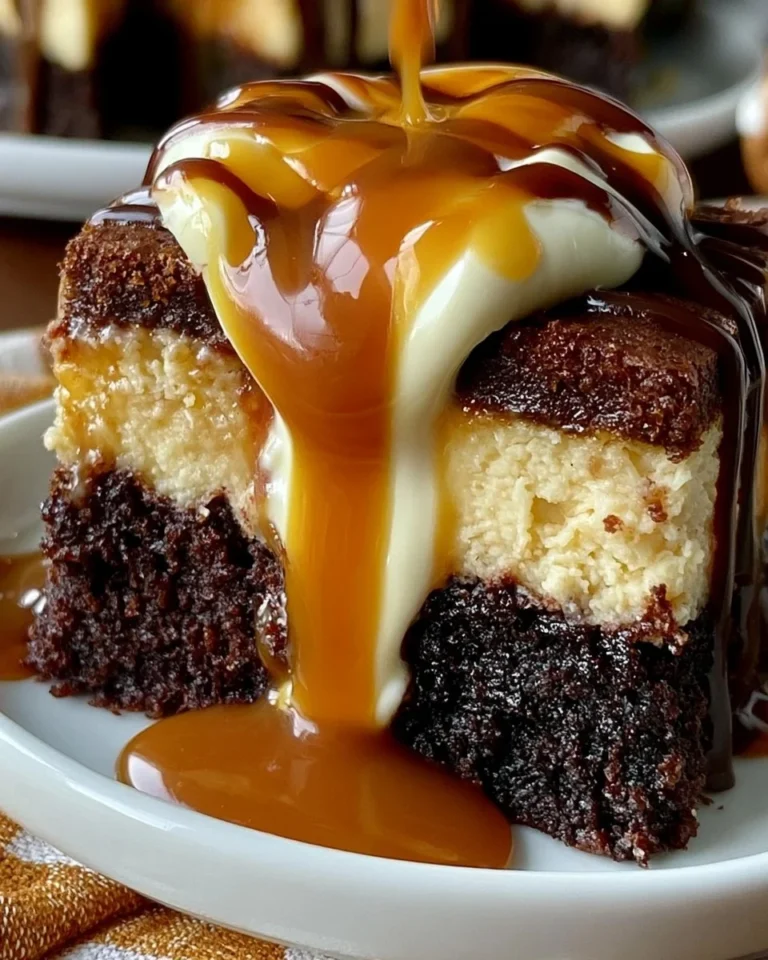 Delicious salted caramel cheesecake brownies topped with a rich caramel drizzle.