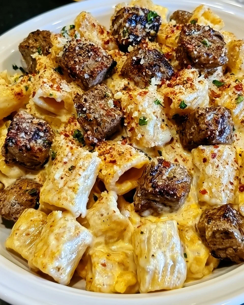 Cajun Steak Tips in Cheesy Rigatoni Parmesan Sauce on a plate