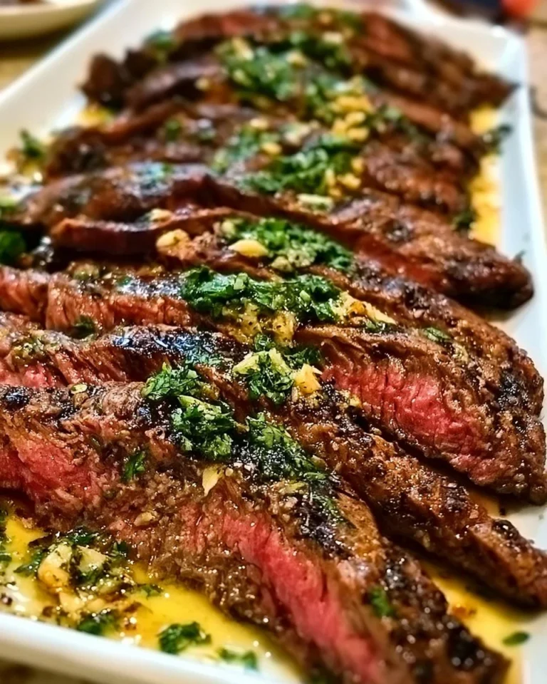 Delicious Garlic Butter Brazilian Steak garnished with herbs on a wooden platter.