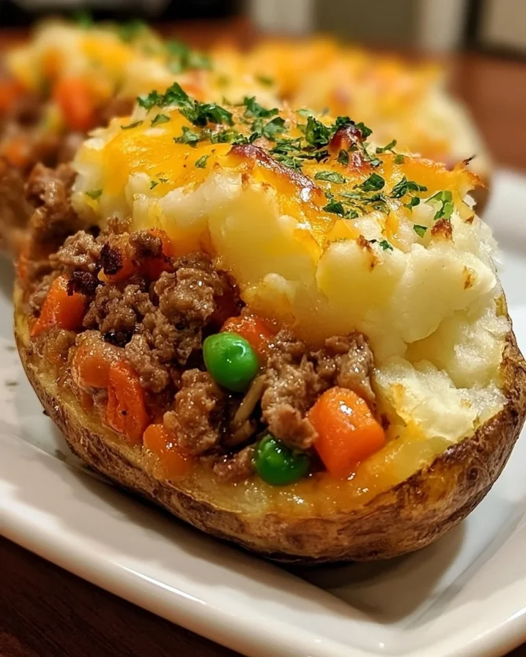 Delicious Shepherd's Pie Baked Potato topped with savory meat and mashed potatoes