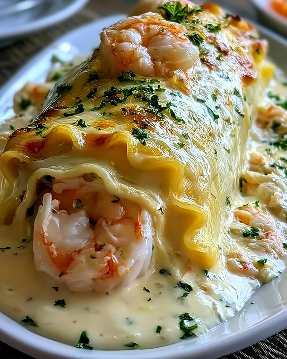 Delicious Shrimp Crab Alfredo Lasagna Roll-Ups topped with herbs and cheese