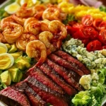 Smoky Shrimp and Steak Cobb Salad with fresh vegetables and dressing