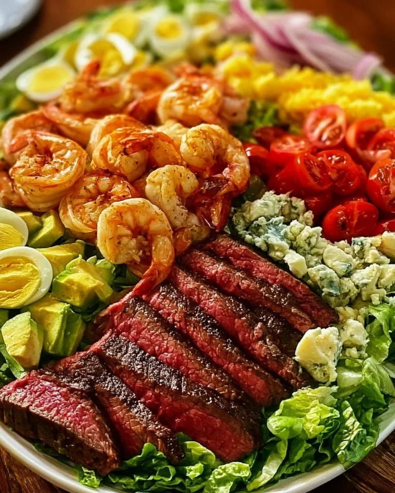 Smoky Shrimp and Steak Cobb Salad with fresh vegetables and dressing