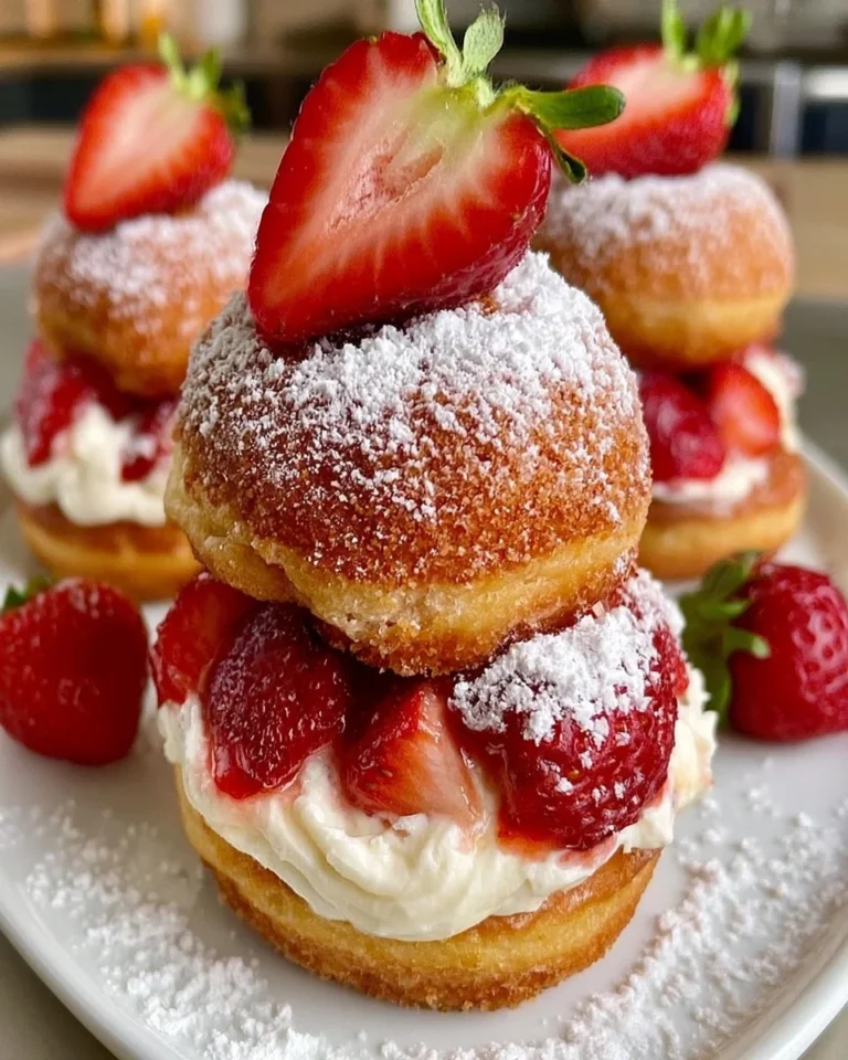 Strawberry vanilla cream donut sliders topped with fresh strawberries and cream