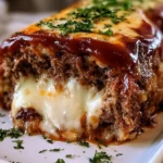 Stuffed meatloaf loaded with mozzarella cheese on a plate