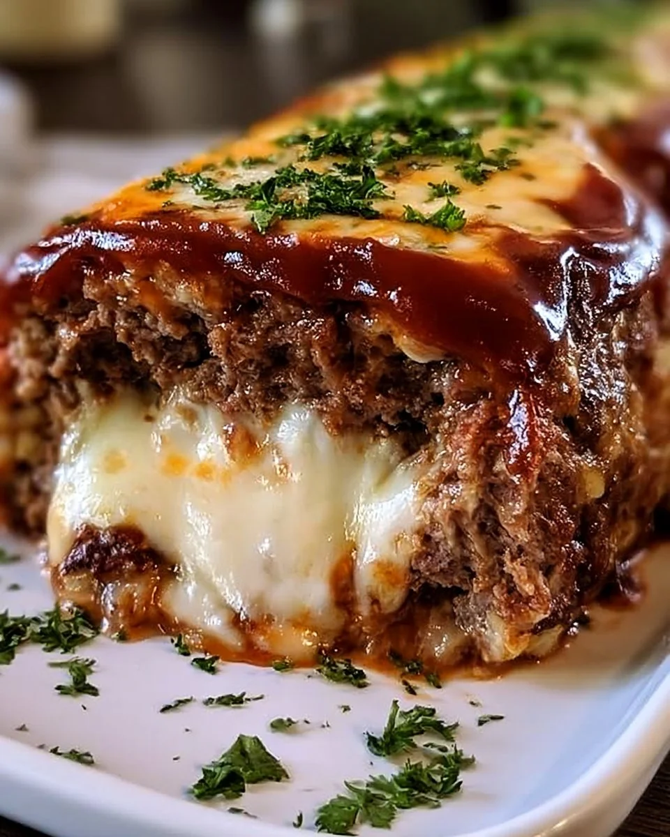 Stuffed meatloaf loaded with mozzarella cheese on a plate