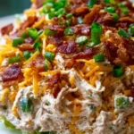 Delicious jalapeno popper chicken salad topped with crispy bacon and cheese.