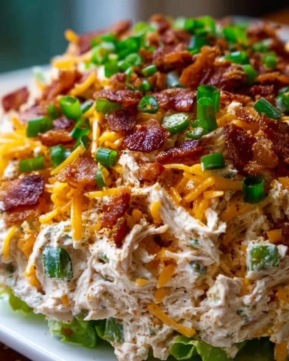 Delicious jalapeno popper chicken salad topped with crispy bacon and cheese.