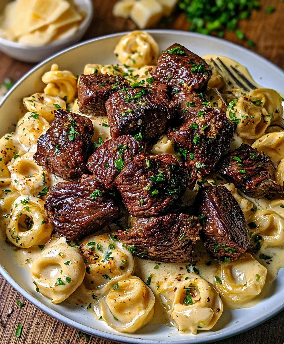 Garlic Butter Steak Bites & Creamy Alfredo Tortellini